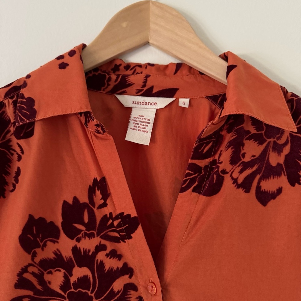 Sundance Velvet Vignette Long Sleeve Button Shirt, Orange w/Burgundy Floral, S - Picture 5 of 13